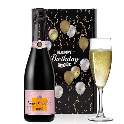 Veuve Clicquot Rose Label 75cl And Flute Happy Birthday Gift Box